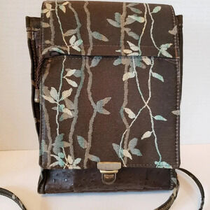 The Tea  Garden Womans Brown Faux Ostrich Leather/Floral Fabric Crossbody Bag.